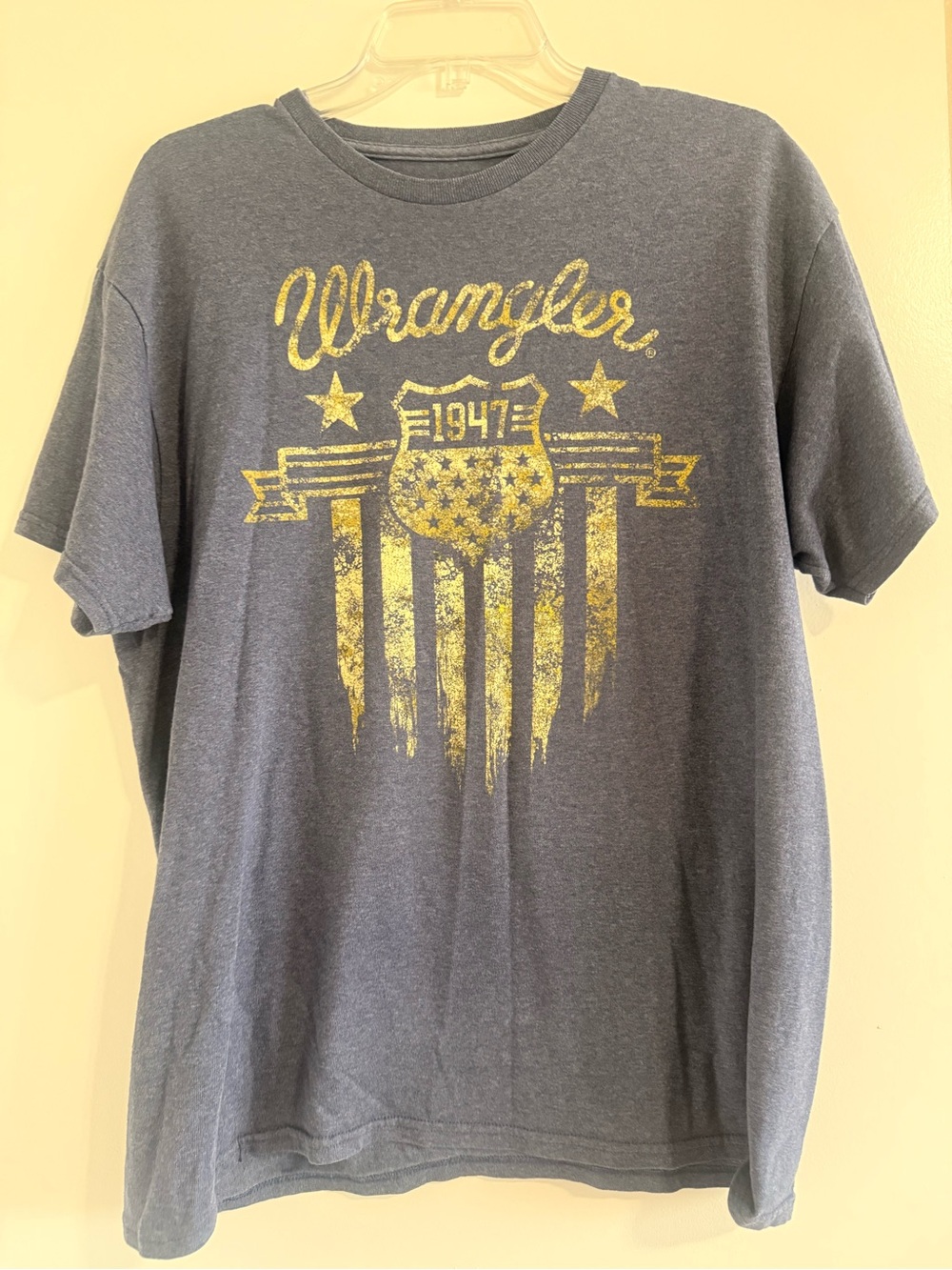 Wrangler Blue Short Sleeve Tee with Gold Shield Graphic